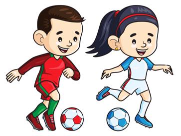 Niño y niña con ropa deportiva jugando a fútbol